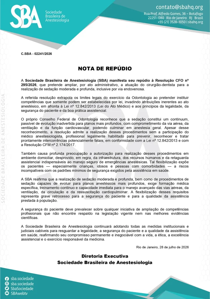 Nota de Repúdio – A SBA manifesta seu repúdio à Resolução CFO nº 295/2026 1 C2241 26